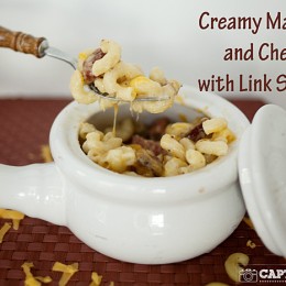 creamy macaroni and cheese with link sausage #pasta #cheese kristendukephotography.com