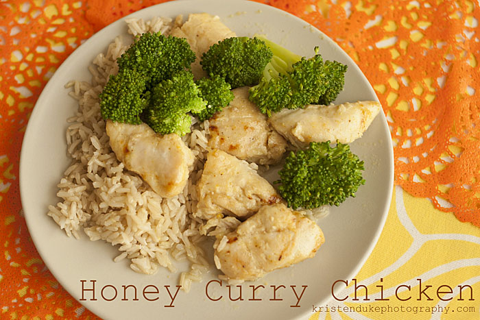 Honey Curry Chicken on a plate with rice and brocoli