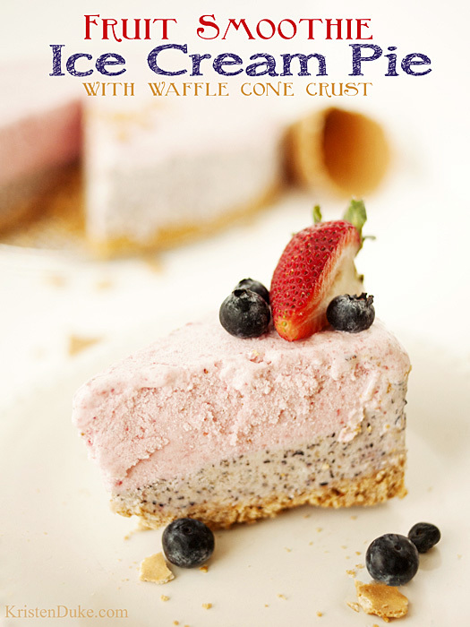 Perfect summer treat! fruit smoothie ice cream pie with waffle cone crust #icecream #smoothie #fruit www.KristenDuke.com