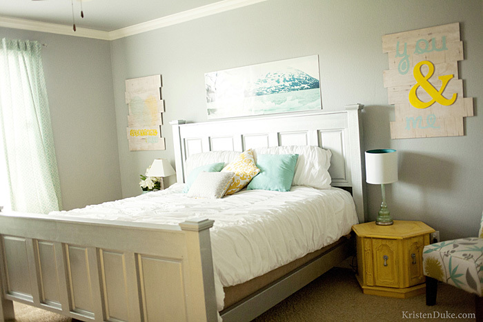 yellow and gray master bedroom