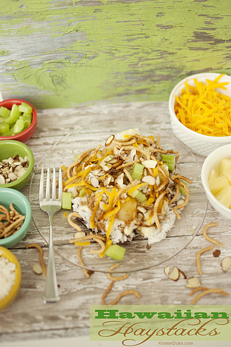 Hawaiian Haystacks recipe has a rice base, white sauce, cheese, pineapples, coconut, chow mein noodles, celery, almonds, cheese, and soy sauce. www.KristenDuke.com