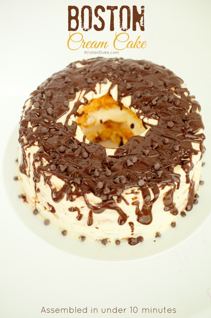 Boston Cream Cake by KristenDuke.com. This decadent cake is assembled in under 10 minutes