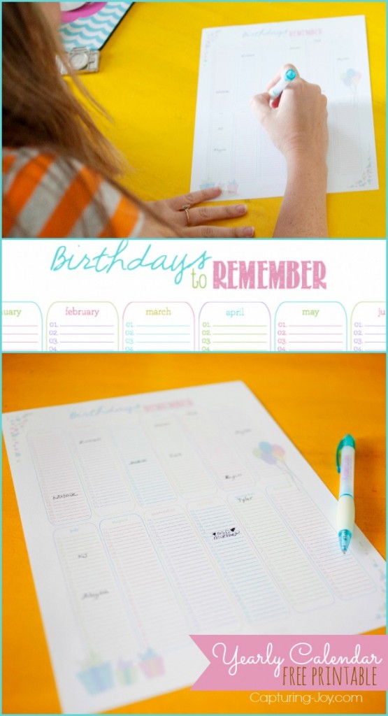 Yearly Birthday Calendar Free Printable