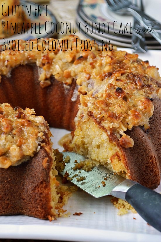 An intensely moist and sweet gluten free pineapple coconut bundt cake topped with a broiled brown sugar, coconut, and macadamia frosting for the perfect crunch.
