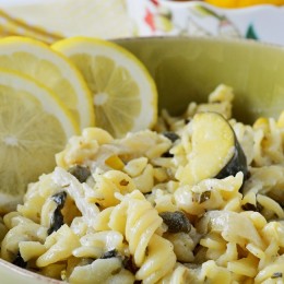 This Gluten Free Creamy Kale and Capers Lemon Pasta is an easy 30 minute dinner that is full of summer squash, mushrooms, kale, capers, and lemon flavor.