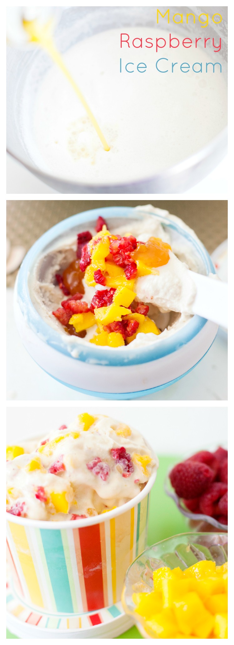 mango ice cream with raspberries