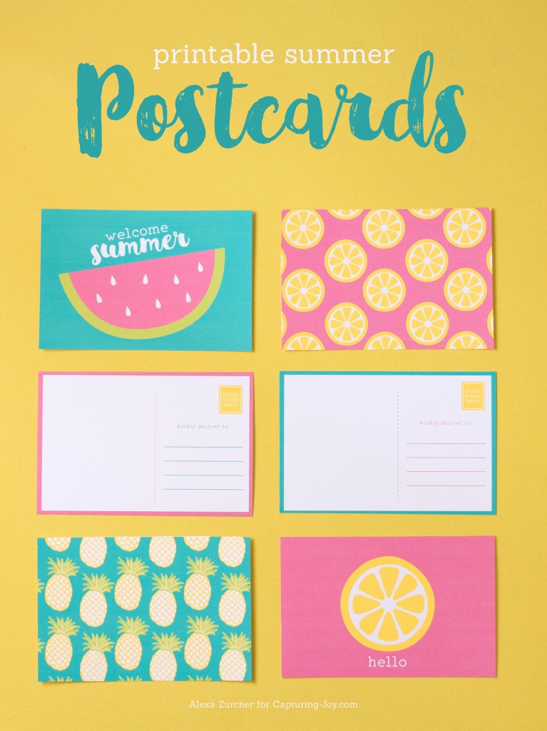 free summer postcards printable with bright and colorful watermelon, pineapple, and lemon designs