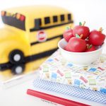 apple shaped cake balls with school bus cake