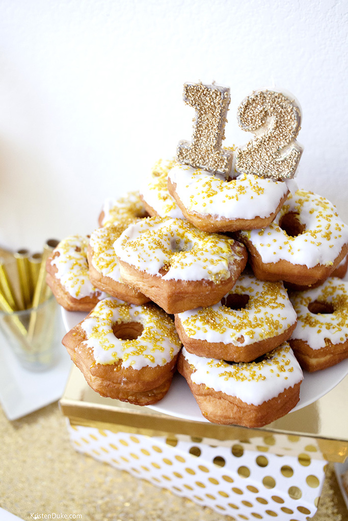 golden birthday donut cake